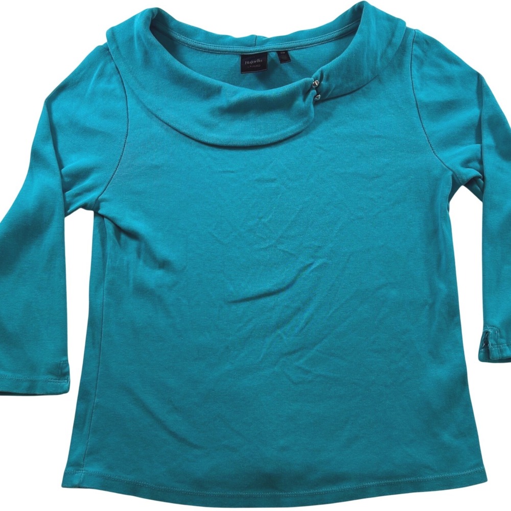 Rafaella‎ Studio Teal Blue Portrait Collar 3/4 Sleeve Cotton Knit Top PM Elegant
